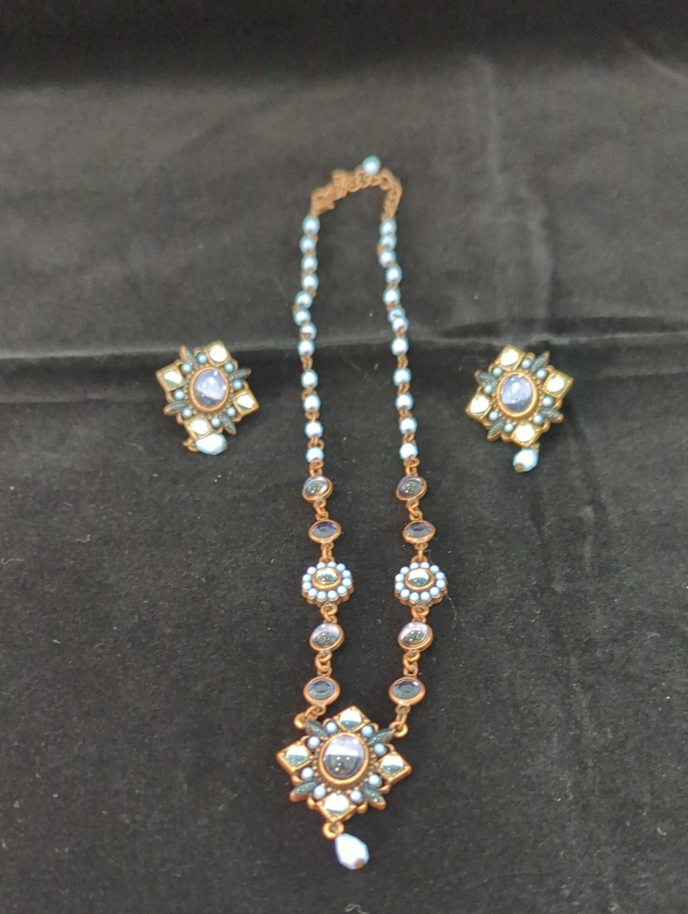 Gold-Tone Necklace and Earring Set with Light Blue Stones